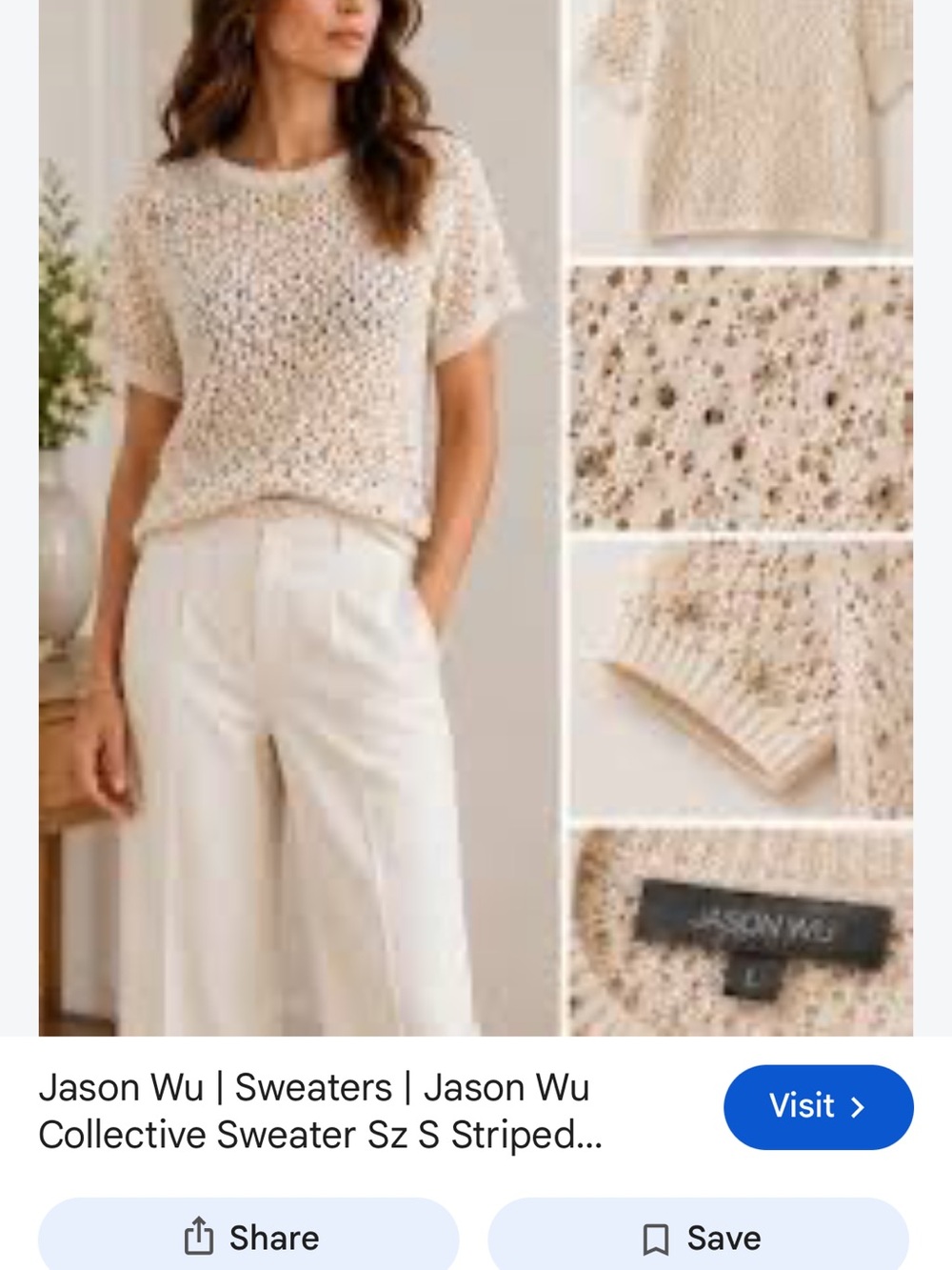 Jason Wu Beige Open-Knit Short Sleeve Crew Sweater